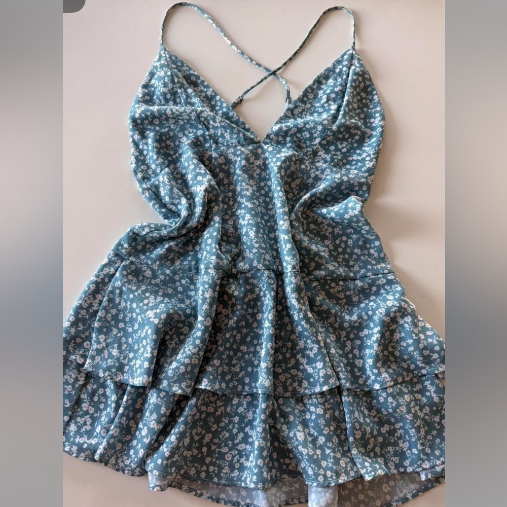 Floral Strappy Tiered Mini Dress - Blue